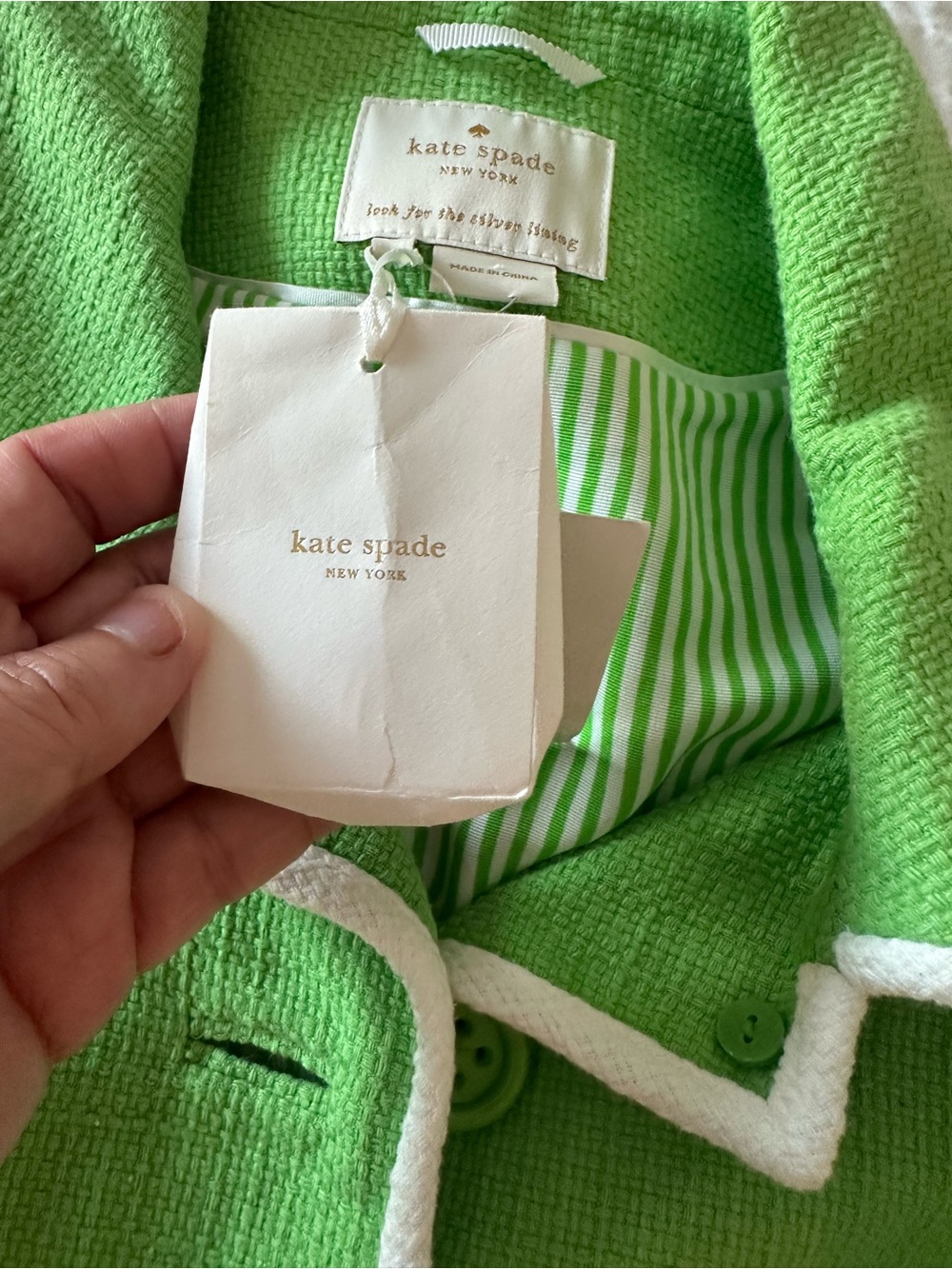 kate spade Bright Lime Green Bouclé Cropped Jacket with White Trim - Picture 5 of 12